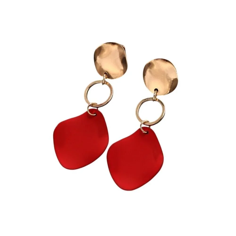 Retro Modernist Geometric Red Enamel Gold Metal Wavy Dangle Earrings